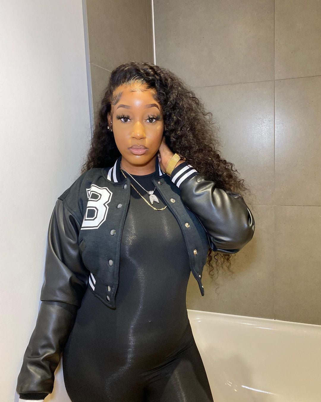 Autumn And Winter New Coat Ins Color Block Print Leather Sleeve Baseball Uniform Short Coat Women