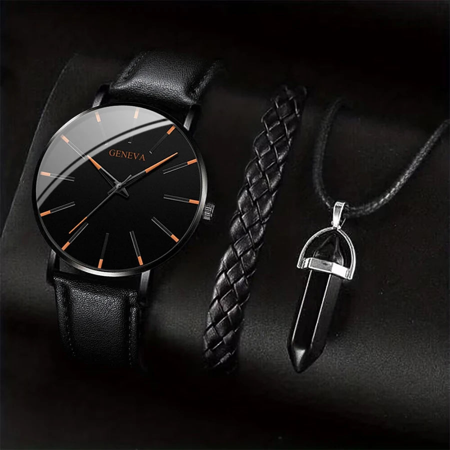 3PCS/Set Men Business Watches Casual Leather Band Analog Male's Quartz Watch Necklace Bracelet Set - ๐๐ฎ๐ฏ๐ฅ๐๐ฌ๐ก๐จ๐ฉ.๐๐จ๐ฆ