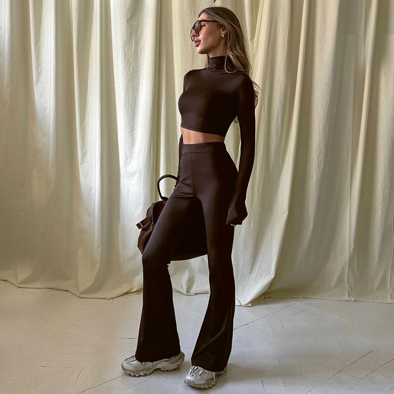 Top scurt de toamnă cu guler rotund și mânecă lungă, cu pantaloni evazați cu talie înaltă