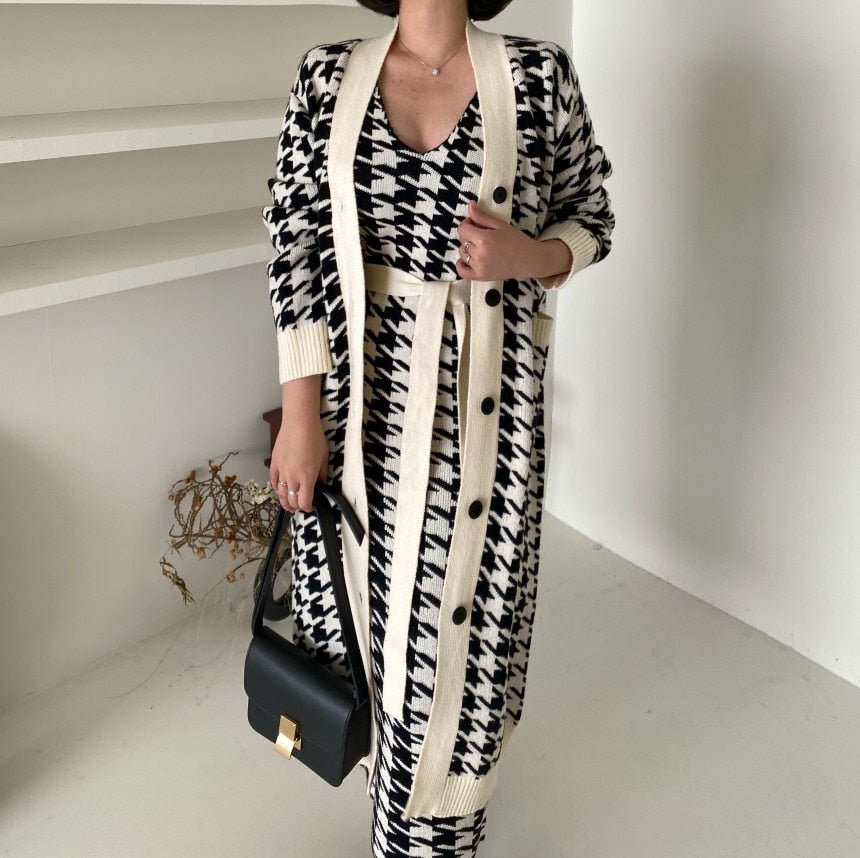Korean Sweater Set Fashion Vintage Style V - Neck Long Knitted Sweater Coat + Houndstooth Vest Dress Female Two - Piece Suit - 𝐃𝐔𝐕𝐋𝐀𝐒𝐇𝐎𝐏