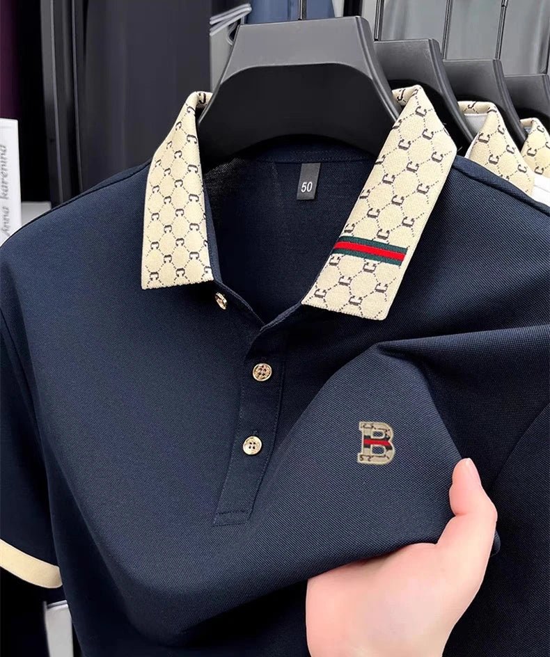 Luxury brand B letter embossed short sleeve polo shirt men summer lightweight breathable new fashion color blocked lapel T-shirt - 𝐝𝐮𝐯𝐥𝐚𝐬𝐡𝐨𝐩.𝐜𝐨𝐦