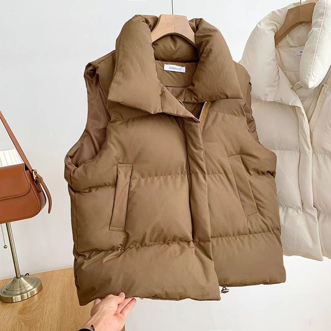 Padded Vest for Women, Korean Style, Loose Fit, Stand Collar Solid Color Spring and Autumn Fashion - 𝐃𝐔𝐕𝐋𝐀𝐒𝐇𝐎𝐏