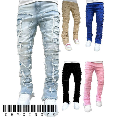 2025 New Men's Stacked Jeans Stretched Patchwork Tassel Damaged Denim Full Length Pants Hip - pop Trousers For Male - 𝐝𝐮𝐯𝐥𝐚𝐬𝐡𝐨𝐩.𝐜𝐨𝐦