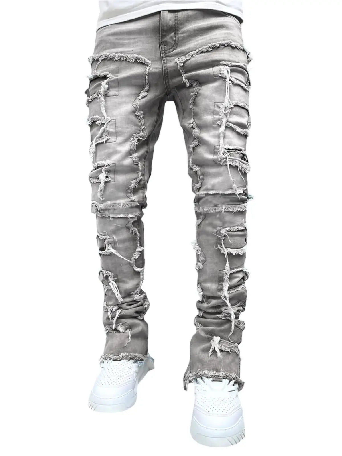 2025 New Men's Stacked Jeans Stretched Patchwork Tassel Damaged Denim Full Length Pants Hip - pop Trousers For Male - 𝐝𝐮𝐯𝐥𝐚𝐬𝐡𝐨𝐩.𝐜𝐨𝐦