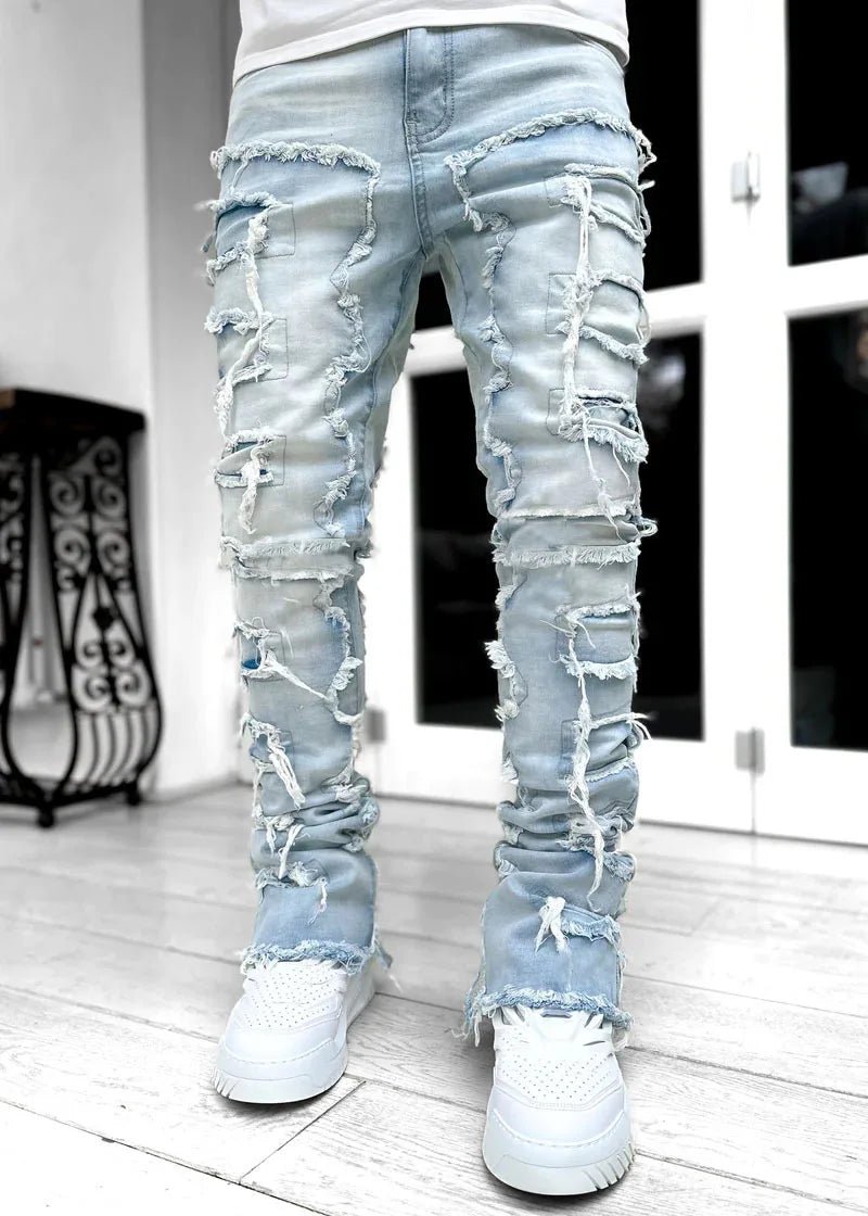 2025 New Men's Stacked Jeans Stretched Patchwork Tassel Damaged Denim Full Length Pants Hip - pop Trousers For Male - 𝐝𝐮𝐯𝐥𝐚𝐬𝐡𝐨𝐩.𝐜𝐨𝐦
