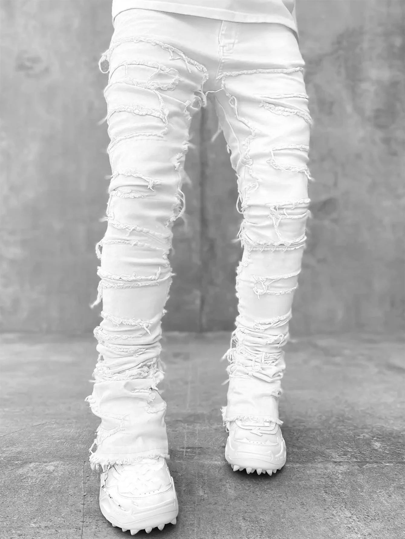 2025 New Men's Stacked Jeans Stretched Patchwork Tassel Damaged Denim Full Length Pants Hip - pop Trousers For Male - 𝐝𝐮𝐯𝐥𝐚𝐬𝐡𝐨𝐩.𝐜𝐨𝐦