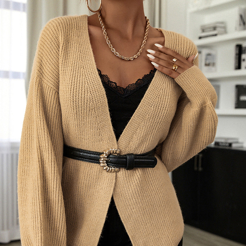 Autumn And Winter New Women Knitted Cardigan Sweater Solid Color V-Neck Casual Top