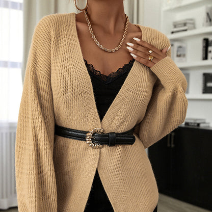 Autumn And Winter New Women Knitted Cardigan Sweater Solid Color V-Neck Casual Top