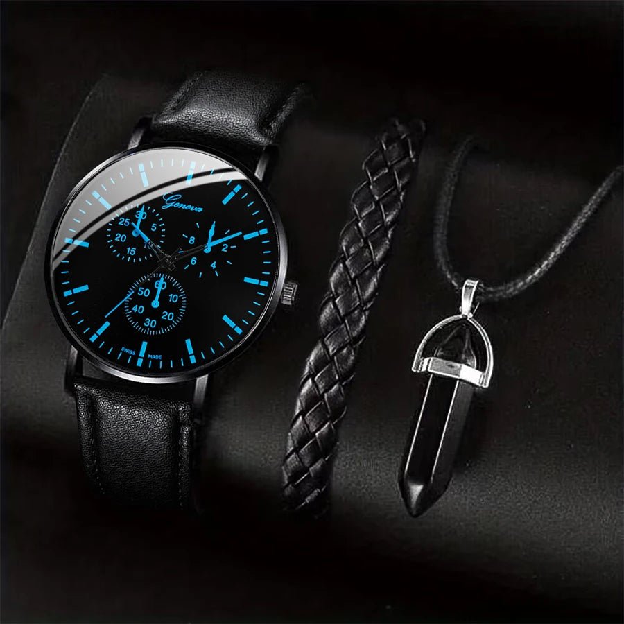 3PCS/Set Men Business Watches Casual Leather Band Analog Male's Quartz Watch Necklace Bracelet Set - 𝐝𝐮𝐯𝐥𝐚𝐬𝐡𝐨𝐩.𝐜𝐨𝐦