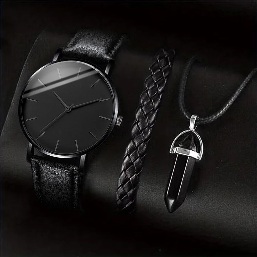 3PCS/Set Men Business Watches Casual Leather Band Analog Male's Quartz Watch Necklace Bracelet Set - 𝐝𝐮𝐯𝐥𝐚𝐬𝐡𝐨𝐩.𝐜𝐨𝐦