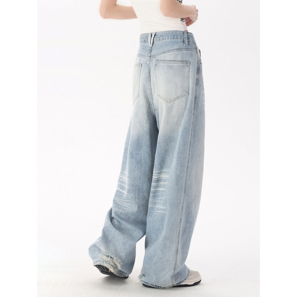 Washed Denim Pants Women Loose High Waist Bleached Straight Leg Wide Leg Floor Length Pants