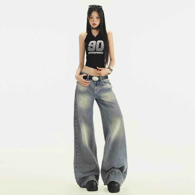 Gradient Washed Denim Pants for Women Vibe Retro Loose Straight Leg Wide Leg Pants