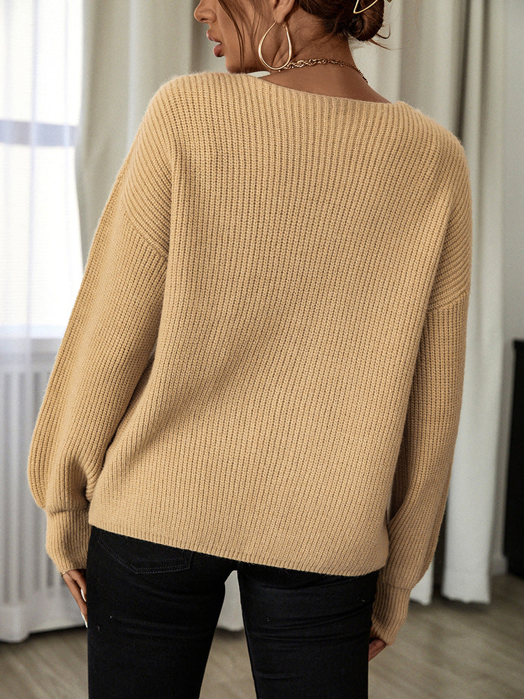 Autumn And Winter New Women Knitted Cardigan Sweater Solid Color V-Neck Casual Top