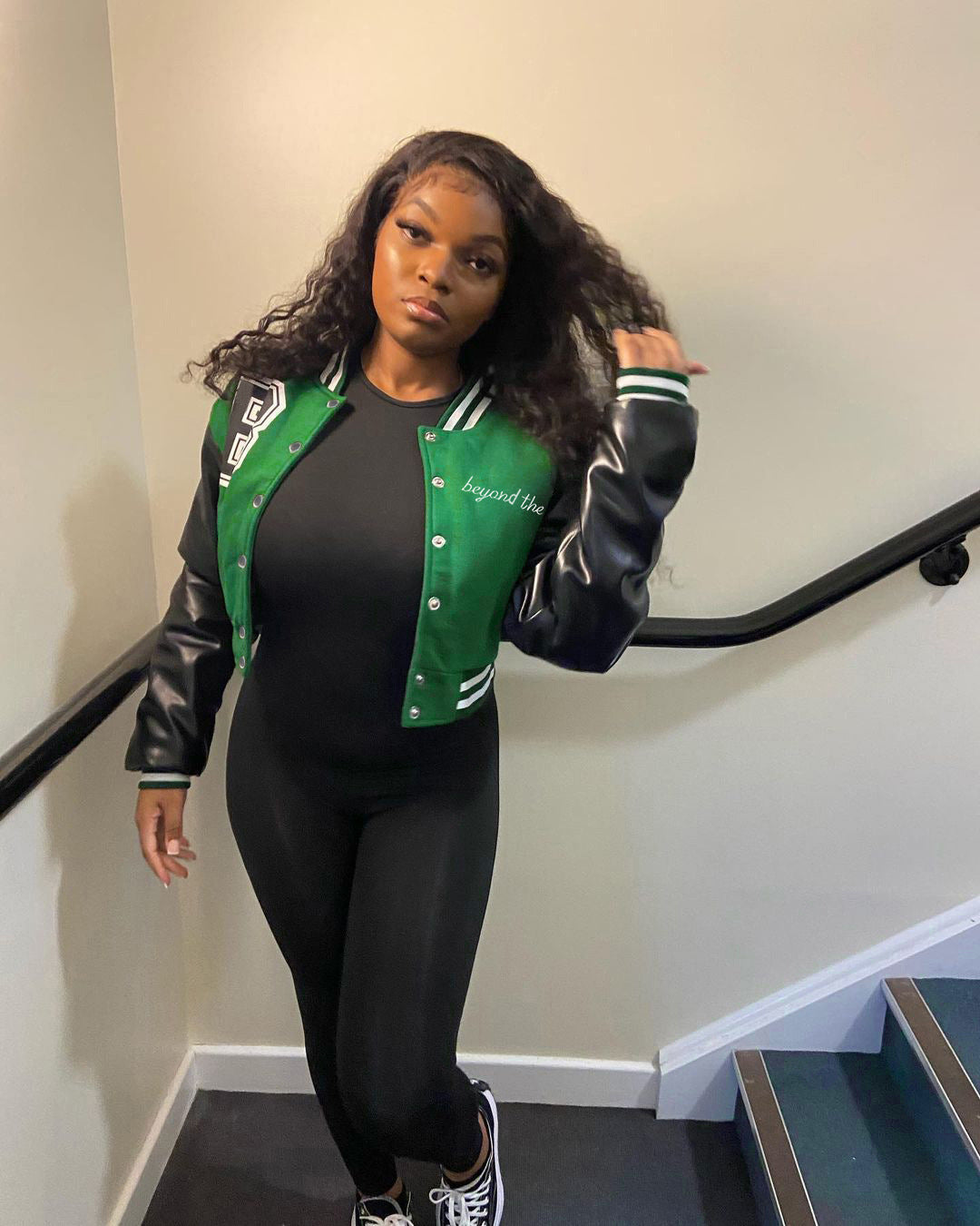 Autumn And Winter New Coat Ins Color Block Print Leather Sleeve Baseball Uniform Short Coat Women