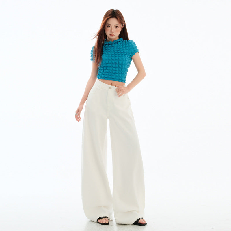 Weiße Damen-Jeans mit hohem Bund, weitem Bein, schmalem, geradem Schnitt und bodenlanger Passform