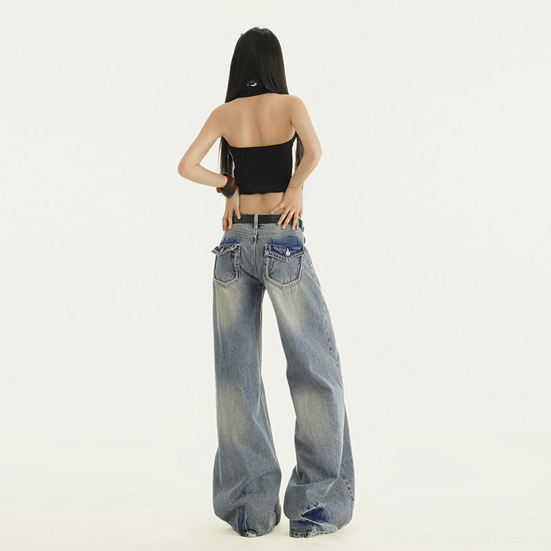 Gradient Washed Denim Pants for Women Vibe Retro Loose Straight Leg Wide Leg Pants