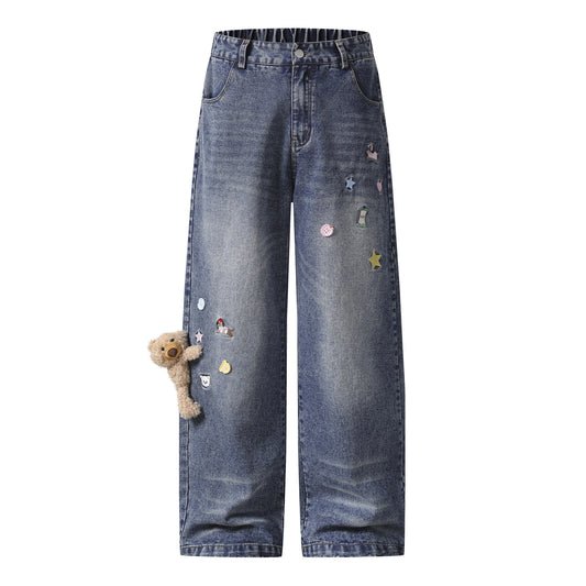 Cartoon Bear Decorative Design Denim Pants Unisex Loose Couple Casual Straight Leg Long Pants