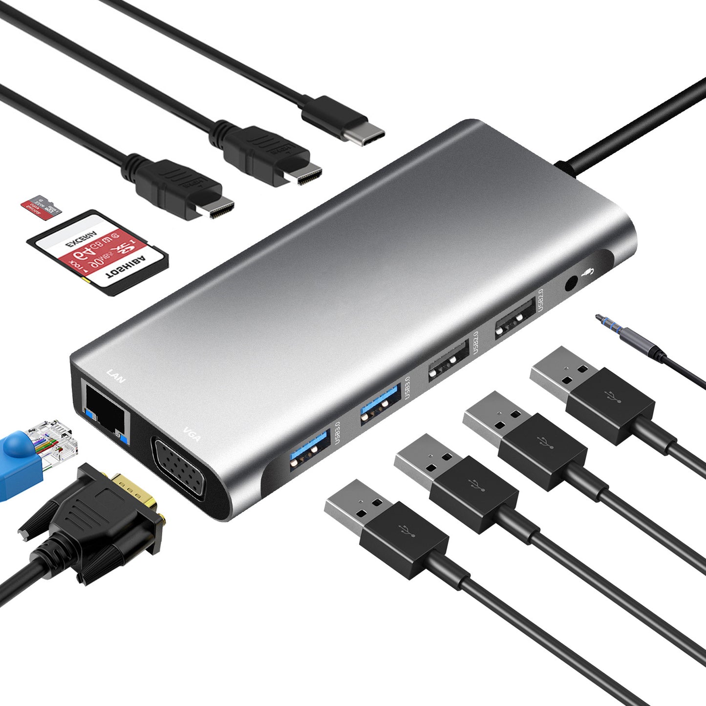 USB-Hub mit USB-Anschluss: USB-C auf zwei HDMI/VGA-Adapter für 12-in-1-Notebook- und MacBook-Geräte 