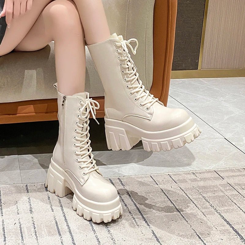9CM Chunky Platform Ankle Boots Women 2025 New Autumn Winter Motorcycle Boots Woman Thick Bottom Non Slip Leather Combat Boots - 𝐃𝐔𝐕𝐋𝐀𝐒𝐇𝐎𝐏