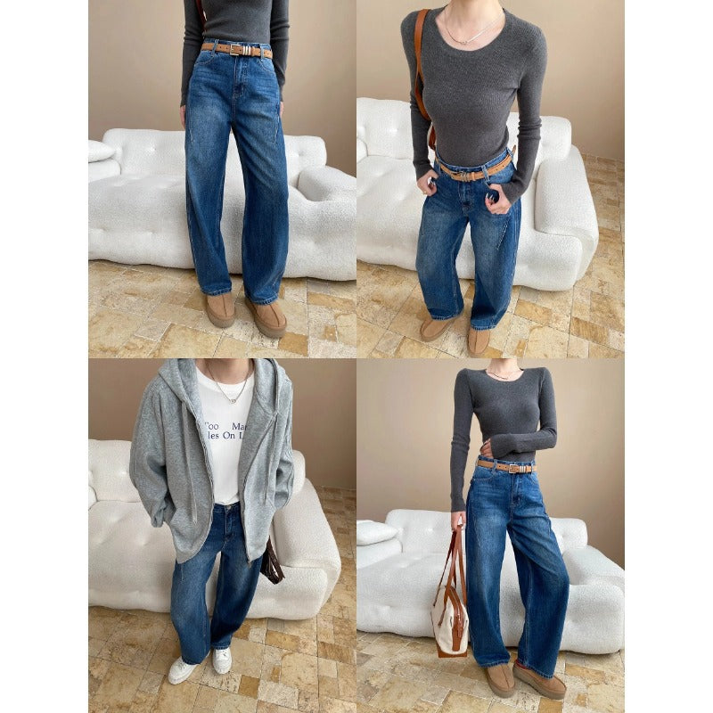 Modische, hochgeschnittene, figurformende Jeans im Blogger-Stil mit lockerer Passform, Gesäßklappen und doppelter Tasche