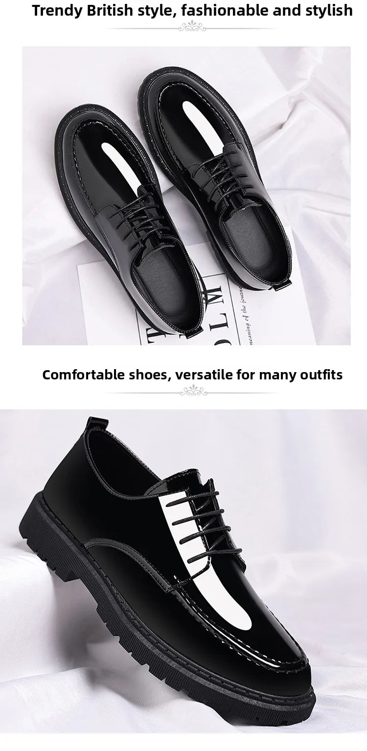 Pantofi sport pentru bărbați cu toc înalt invizibil, cu toc înalt, din piele, cu suprafață oglindă, pantofi casual de afaceri, vârf rotund, toc mediu, talpă exterioară din PVC