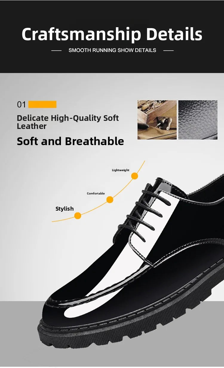 Pantofi sport pentru bărbați cu toc înalt invizibil, cu toc înalt, din piele, cu suprafață oglindă, pantofi casual de afaceri, vârf rotund, toc mediu, talpă exterioară din PVC