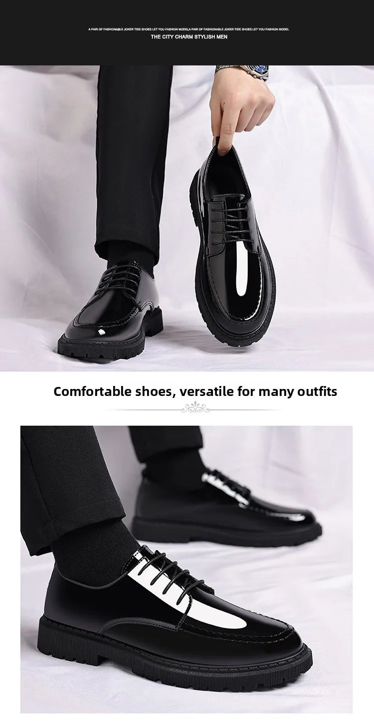 Pantofi sport pentru bărbați cu toc înalt invizibil, cu toc înalt, din piele, cu suprafață oglindă, pantofi casual de afaceri, vârf rotund, toc mediu, talpă exterioară din PVC