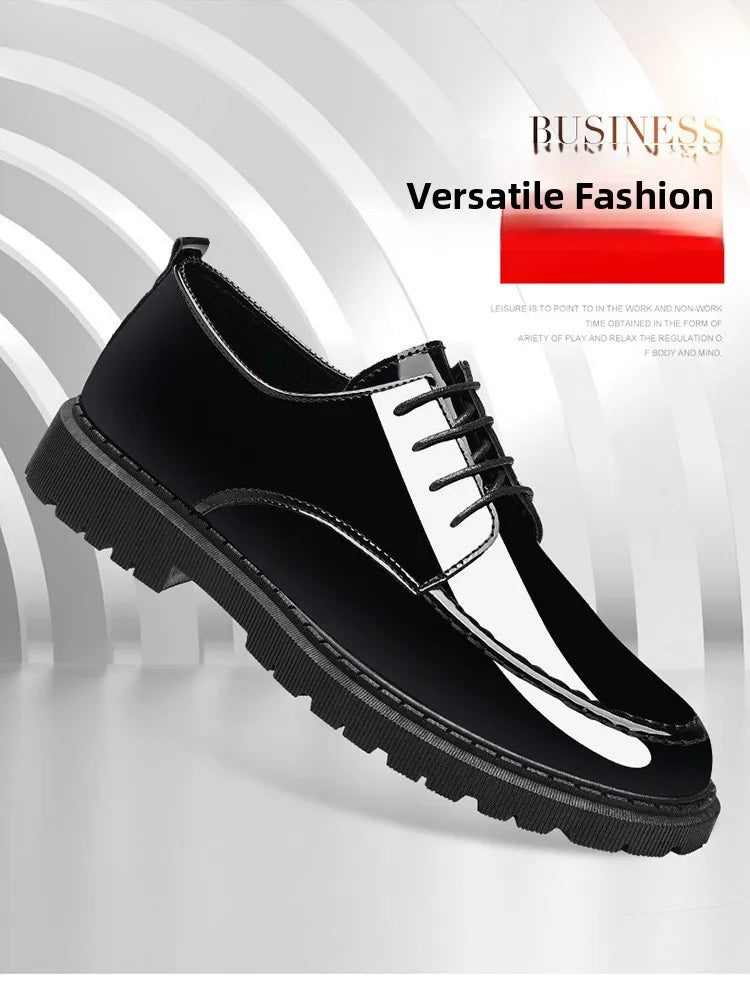 Pantofi sport pentru bărbați cu toc înalt invizibil, cu toc înalt, din piele, cu suprafață oglindă, pantofi casual de afaceri, vârf rotund, toc mediu, talpă exterioară din PVC