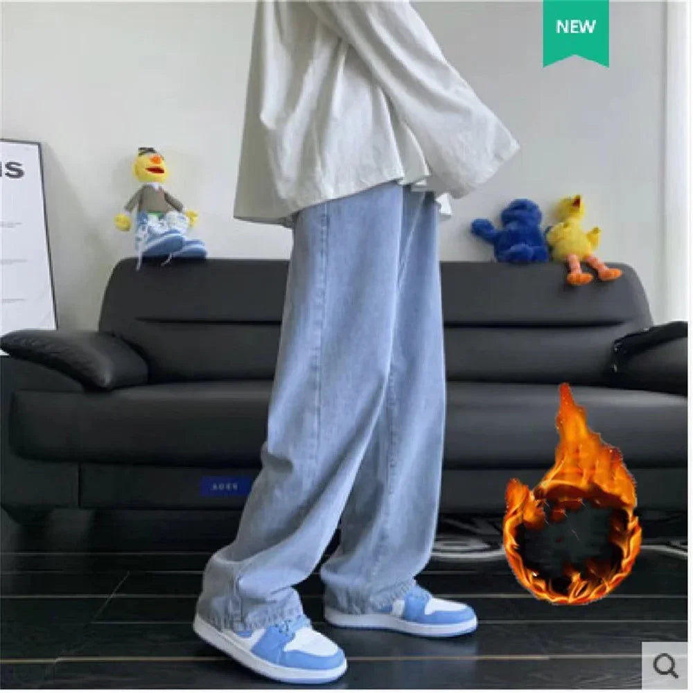 Damen-Jeans aus dickem Fleece mit gekreuztem Bund und weitem Bein, Mom-Jeans, gerade geschnitten, Vintage-Baggy-Jeans, Denim, Winterhose 2025