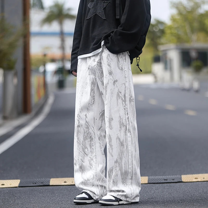 Blugi bărbați clasici cu picior drept, blugi albi, vopsiți pe denim, pantaloni unisex, la modă, casual, streetwear, stil hip hop, spălați