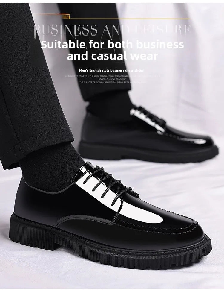 Pantofi sport pentru bărbați cu toc înalt invizibil, cu toc înalt, din piele, cu suprafață oglindă, pantofi casual de afaceri, vârf rotund, toc mediu, talpă exterioară din PVC