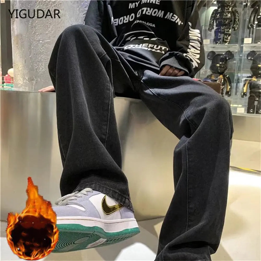 Damen-Jeans aus dickem Fleece mit gekreuztem Bund und weitem Bein, Mom-Jeans, gerade geschnitten, Vintage-Baggy-Jeans, Denim, Winterhose 2025