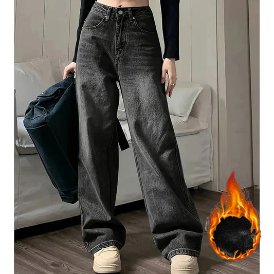 Winter Lady Plush Thermal High Waist Thin Jeans Girls Fleece Snow Warm Denim Pants Female Comfortable Straight Leg Trousers