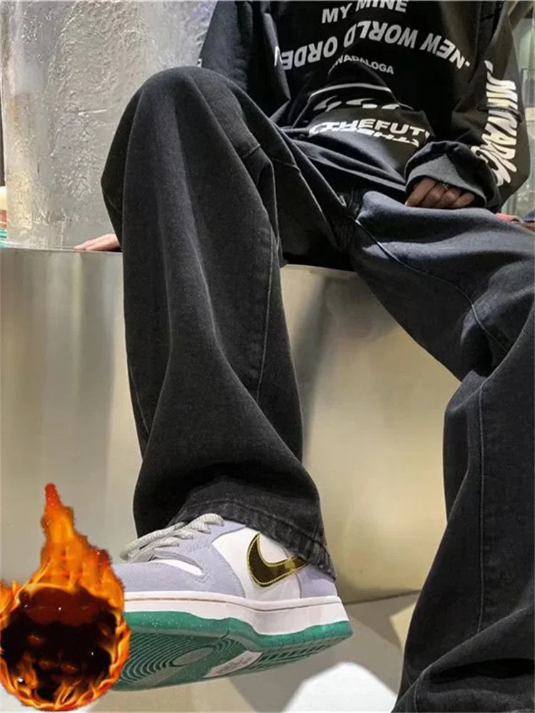 Damen-Jeans aus dickem Fleece mit gekreuztem Bund und weitem Bein, Mom-Jeans, gerade geschnitten, Vintage-Baggy-Jeans, Denim, Winterhose 2025