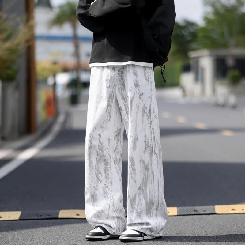 Blugi bărbați clasici cu picior drept, blugi albi, vopsiți pe denim, pantaloni unisex, la modă, casual, streetwear, stil hip hop, spălați