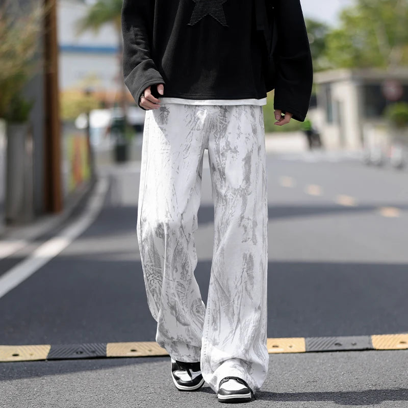 Blugi bărbați clasici cu picior drept, blugi albi, vopsiți pe denim, pantaloni unisex, la modă, casual, streetwear, stil hip hop, spălați