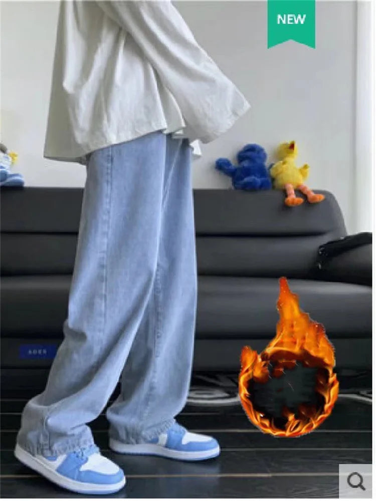 Damen-Jeans aus dickem Fleece mit gekreuztem Bund und weitem Bein, Mom-Jeans, gerade geschnitten, Vintage-Baggy-Jeans, Denim, Winterhose 2025