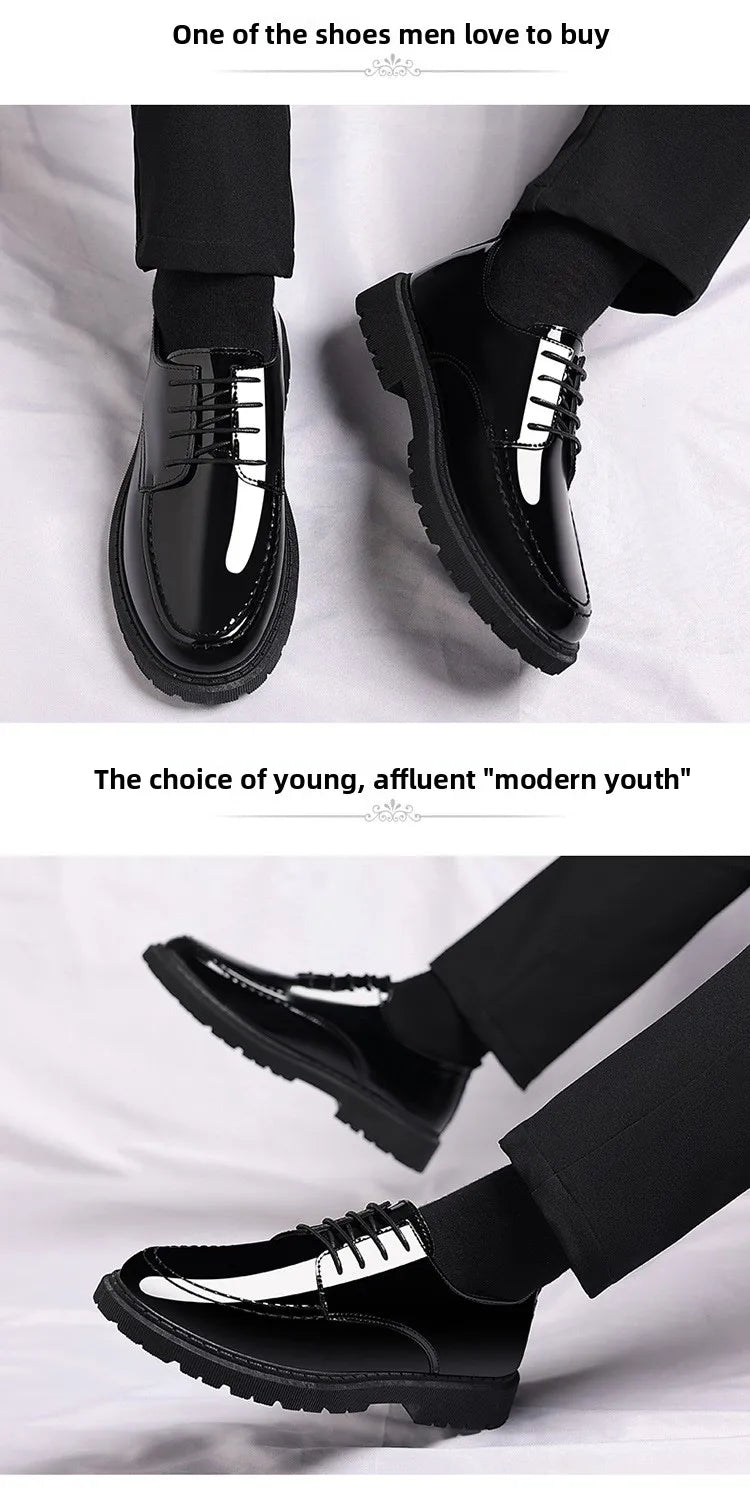 Pantofi sport pentru bărbați cu toc înalt invizibil, cu toc înalt, din piele, cu suprafață oglindă, pantofi casual de afaceri, vârf rotund, toc mediu, talpă exterioară din PVC