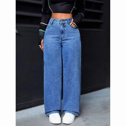 American Women's Blue Washed High - Waisted Straight - Leg Jeans Loose Fashion Front & Back Pockets Jeans Suitable Daily Casual Wear - 𝐝𝐮𝐯𝐥𝐚𝐬𝐡𝐨𝐩.𝐜𝐨𝐦