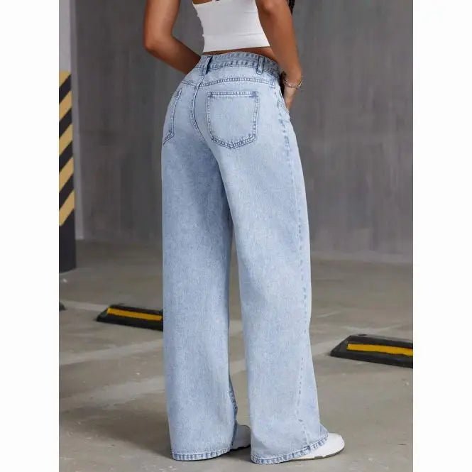 American Women's Blue Washed High - Waisted Straight - Leg Jeans Loose Fashion Front & Back Pockets Jeans Suitable Daily Casual Wear - 𝐝𝐮𝐯𝐥𝐚𝐬𝐡𝐨𝐩.𝐜𝐨𝐦