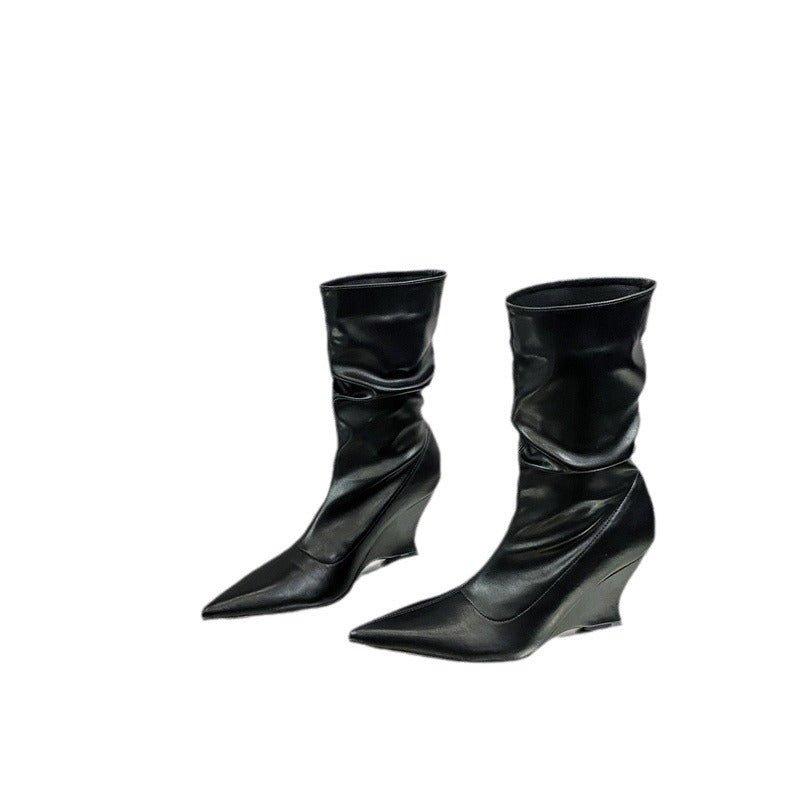 Autumn and Winter New Fashionable French Pointed Slope Heel Stacked Women's Boots Soft Leather High Heels Comfortable Short Boots - 𝐝𝐮𝐯𝐥𝐚𝐬𝐡𝐨𝐩.𝐜𝐨𝐦