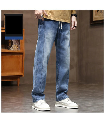 Autumn Winter Retro Jeans Men Drawstring Elastic Waist Cotton Cargo Denim Pants Work Korean Fashion Thick Trousers Male M - 4XL - 𝐃𝐔𝐕𝐋𝐀𝐒𝐇𝐎𝐏