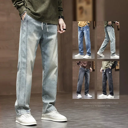 Autumn Winter Retro Jeans Men Drawstring Elastic Waist Cotton Cargo Denim Pants Work Korean Fashion Thick Trousers Male M - 4XL - 𝐝𝐮𝐯𝐥𝐚𝐬𝐡𝐨𝐩.𝐜𝐨𝐦