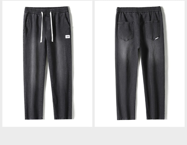 Autumn Winter Retro Jeans Men Drawstring Elastic Waist Cotton Cargo Denim Pants Work Korean Fashion Thick Trousers Male M - 4XL - 𝐃𝐔𝐕𝐋𝐀𝐒𝐇𝐎𝐏