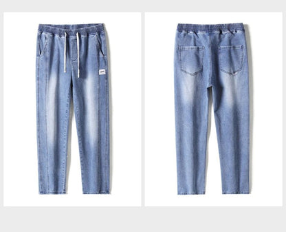 Autumn Winter Retro Jeans Men Drawstring Elastic Waist Cotton Cargo Denim Pants Work Korean Fashion Thick Trousers Male M - 4XL - 𝐃𝐔𝐕𝐋𝐀𝐒𝐇𝐎𝐏