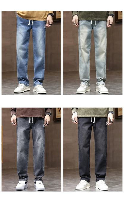Autumn Winter Retro Jeans Men Drawstring Elastic Waist Cotton Cargo Denim Pants Work Korean Fashion Thick Trousers Male M - 4XL - 𝐃𝐔𝐕𝐋𝐀𝐒𝐇𝐎𝐏