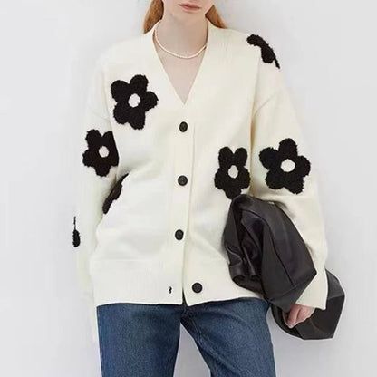 Cardigans for Women Sweater Floral Single Breasted V - Neck Chic Casual Knitted Coat Fashion Long Sleeve Female Cardigan - 𝐃𝐔𝐕𝐋𝐀𝐒𝐇𝐎𝐏