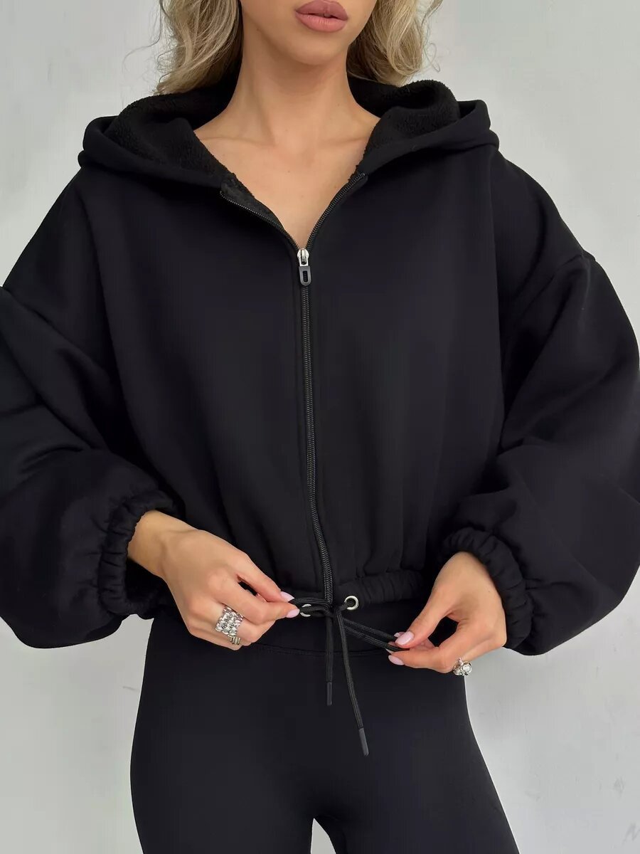 Casual Loose Hoodie for Women Short Crop Tied Waist Crop Top Zipper Long Sleeve Sweatshirt - 𝐃𝐔𝐕𝐋𝐀𝐒𝐇𝐎𝐏