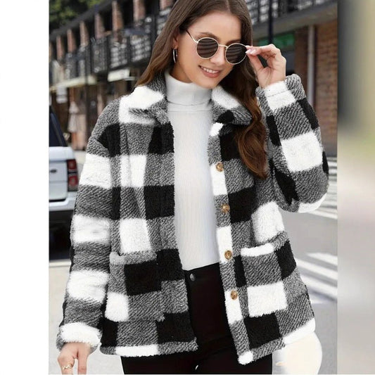 Chic Women's Plaid Fleece Coat with Patch Pockets, Long Sleeve, Casual Winter Fashion Outerwear - 𝐝𝐮𝐯𝐥𝐚𝐬𝐡𝐨𝐩.𝐜𝐨𝐦