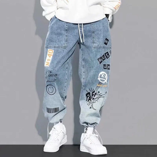 Korean Clothing Men Letter Printed Jeans High Waisted Baggy Jeans Cartoon Graffiti Hip - Hop Pants Blue Jeans - 𝐝𝐮𝐯𝐥𝐚𝐬𝐡𝐨𝐩.𝐜𝐨𝐦